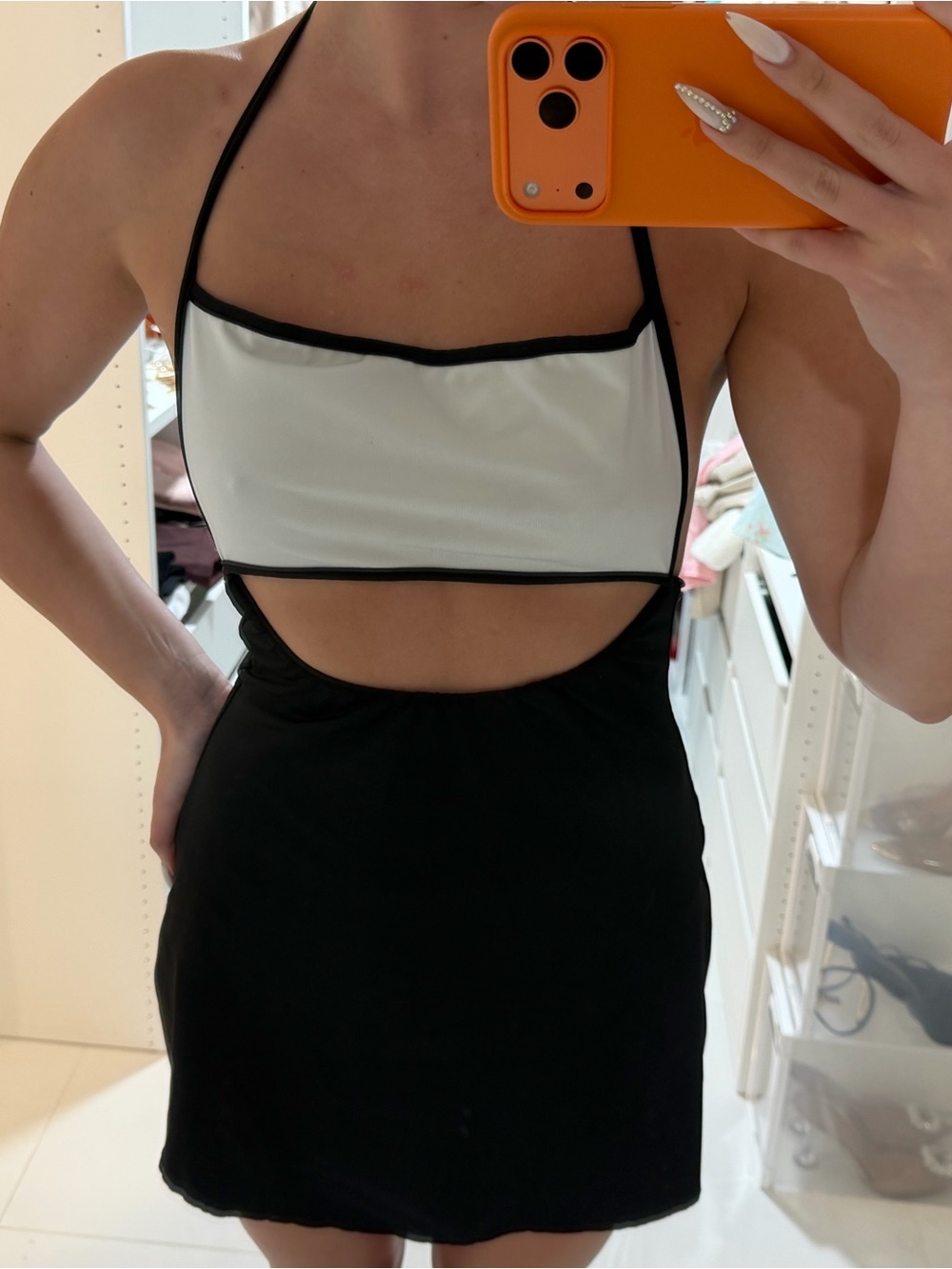 Black and White Cutout Halter Mini Dress